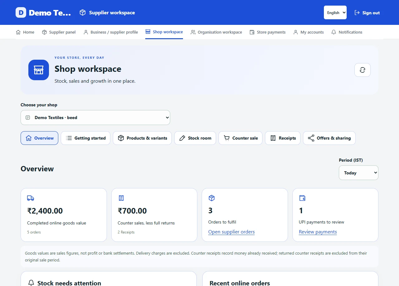 BulkBuy shop overview with fictional demo sales and stock figures